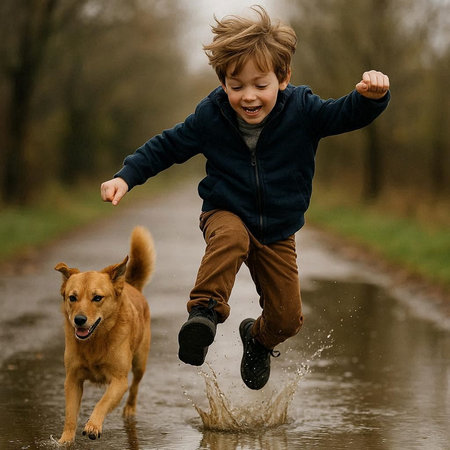 Little boy playing with a dog in a puddle on a rainy day