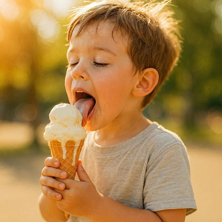 Little boy eating ice cream in a waffle cone on a sunny day