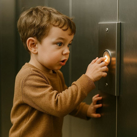 Little boy pressing button on elevator. Security and safety concept. Selective focus.