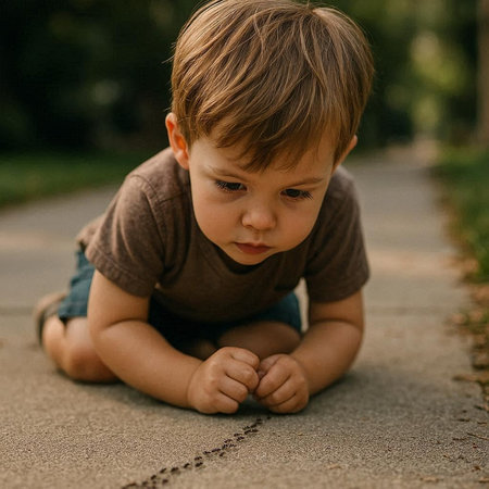 Portrait of a little boy sitting on the pavement in the park