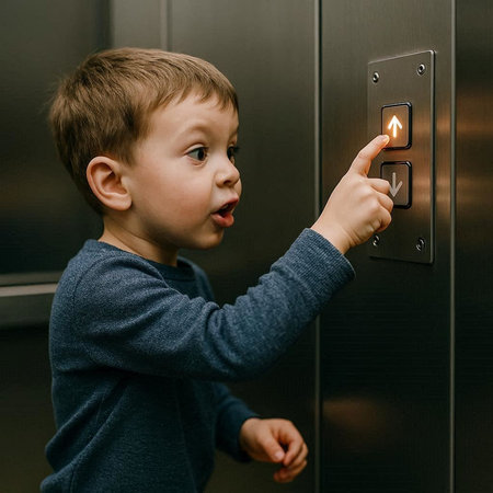 A little boy presses the button on the elevator. Close-up