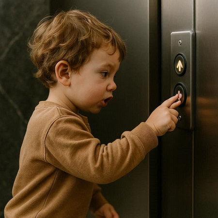 Cute little boy with blond curly hair in brown pullover looking at the elevator.