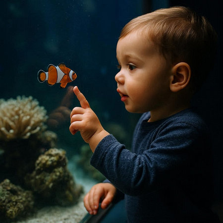 Little boy looking at fish in aquarium. Portrait of a child with anemone fish.