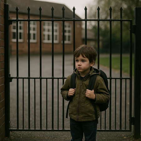 Little boy with backpack standing in front of the gate of a school