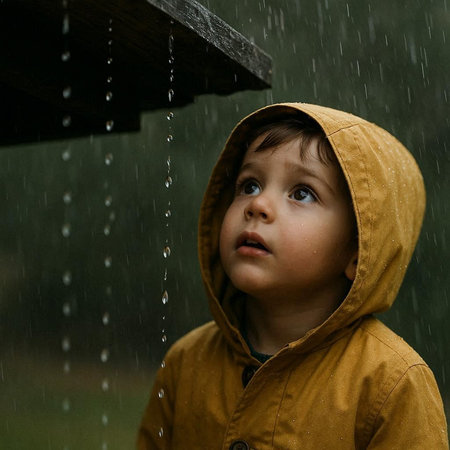 cute little boy in raincoat standing under falling rain, outdoor portrait