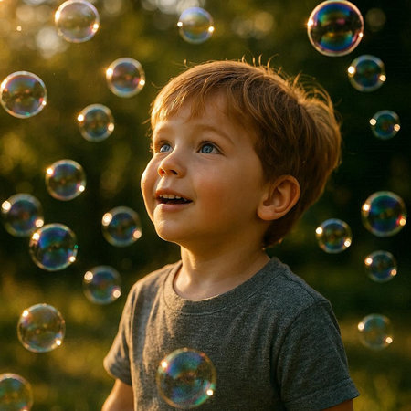 Little boy playing with soap bubbles. Child having fun outdoors. Happy childhood.