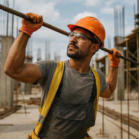 Portrait of a construction worker on the background of the building.