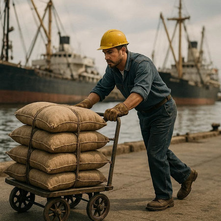 Worker loading sacks on a cart with a cargo ship in the background