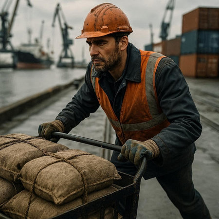 Portrait of a male worker loading a container in a cargo ship