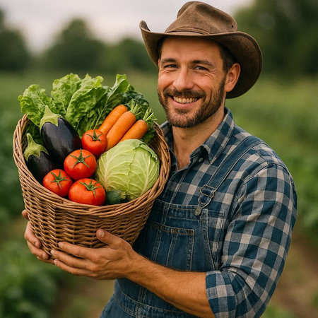 Portrait of a smiling farmer holding a wicker basket full of fresh vegetables
