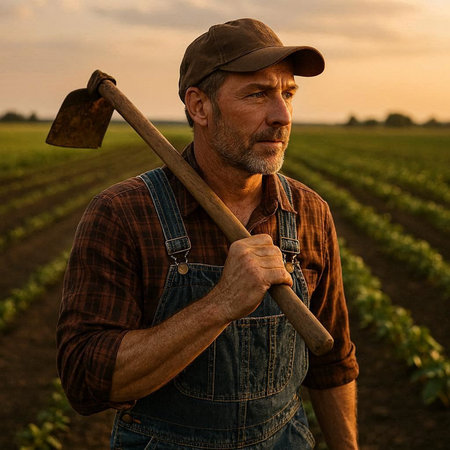 Farmer with a shovel in his hand in the field at sunset