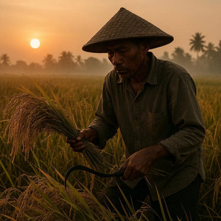 Farmer working in rice field at sunset, Bali, Indonesia