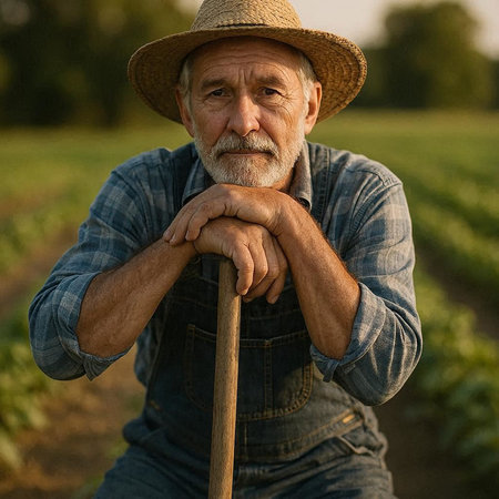 Portrait of a senior farmer standing with a cane in his field