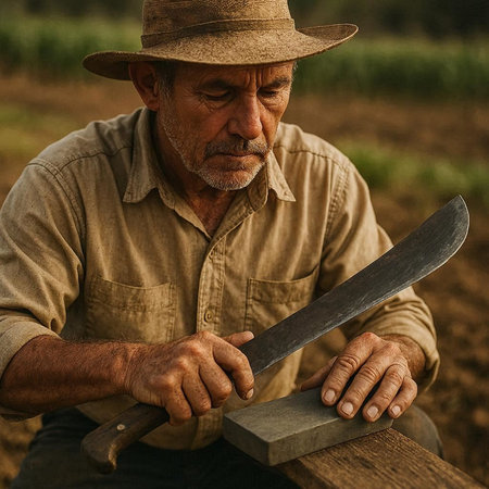 Farmer with a knife in his hand in the middle of the field