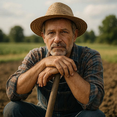 Portrait of a senior farmer sitting on a ploughed field