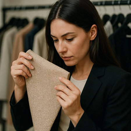 Beautiful young woman in a black suit chooses a fabric in a clothing store