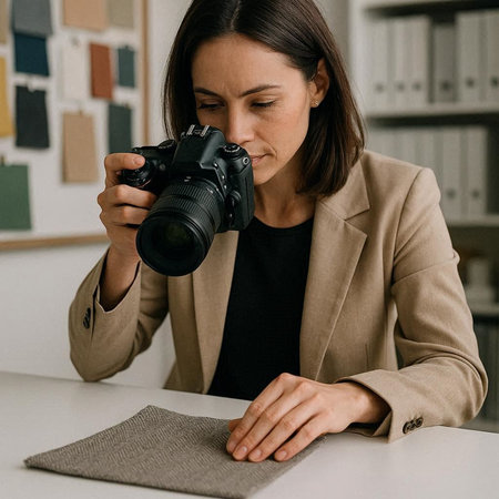 Female photographer with camera sitting at desk in office and looking at camera