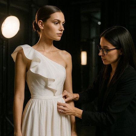 beautiful young woman in white dress looking away while her colleague standing behind