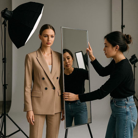 beautiful young models looking at mirror in photo studio with professional lighting equipment