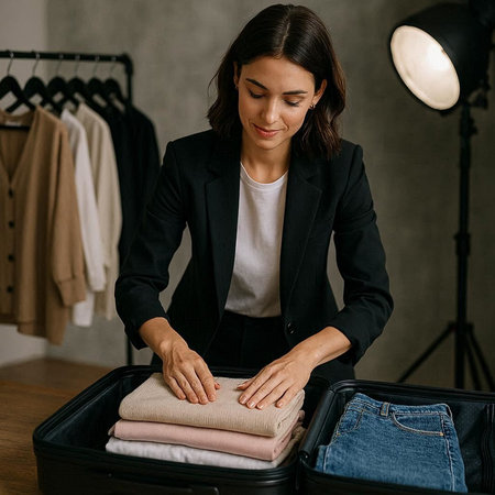 Portrait of a young businesswoman packing clothes into a suitcase.