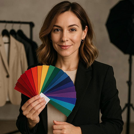 smiling fashion designer holding color palette and looking at camera in studio