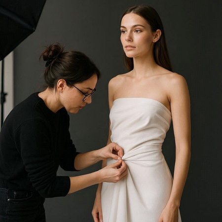 Young beautiful brunette woman in a white dress and black sweater.