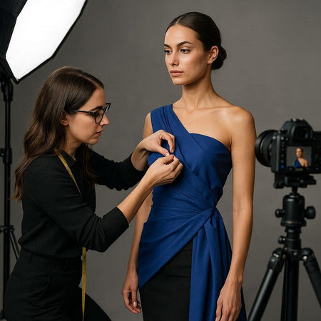 Beautiful model in a blue evening dress posing in the studio on a gray background
