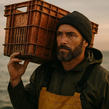 Portrait of a man with a gray beard in a yellow jacket and a black hat on the seashore.