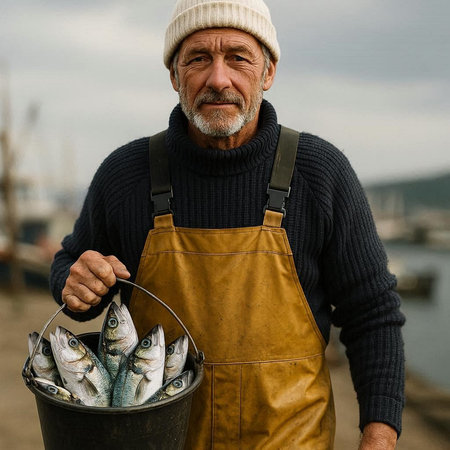 Portrait of a senior fisherman with a bucket of fresh fish.