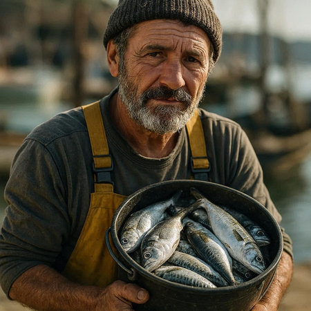 Fisherman holding a bucket full of freshly caught sardines