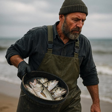 Fisherman holding a bucket of freshly caught rainbow trout on the beach