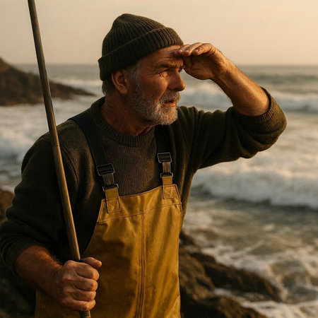 Senior man fishing on the beach at sunset, wearing warm clothes and hat