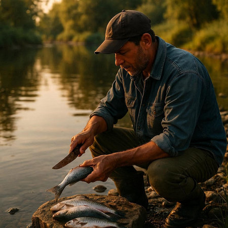 Fisherman with a caught fish on the river bank at sunset