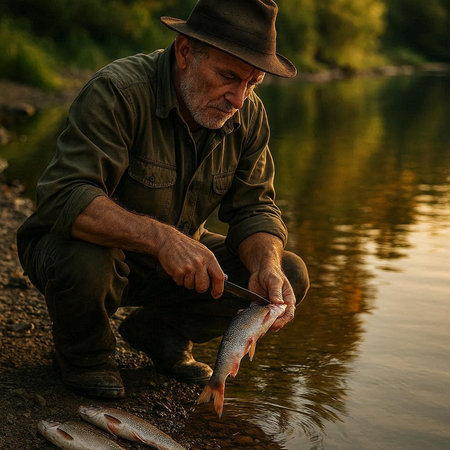 Fisherman with catch of trout in the river at sunset.