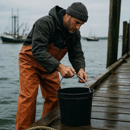 Portrait of a fisherman with a bucket of water on the pier