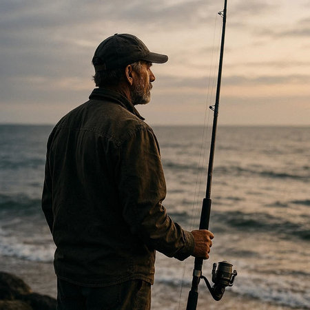 Senior man fishing at the seaside in the evening, back view