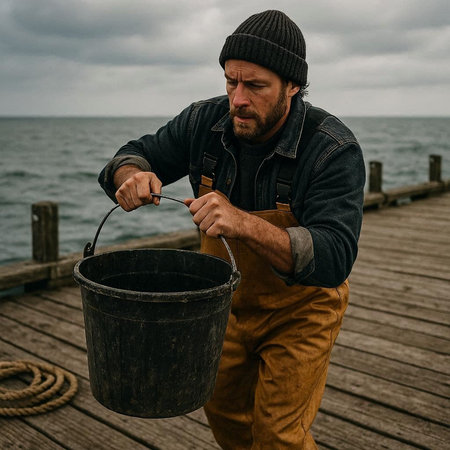 Fisherman with a bucket of fish on a wooden pier.