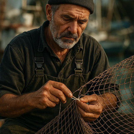Portrait of an old man working on a fishing net in the port