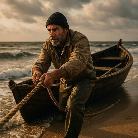 Portrait of an old fisherman with a fishing boat on the beach