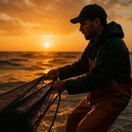 Fisherman with fishing net on the seashore at sunset