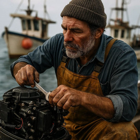 Fisherman repairing the engine of a fishing boat on the seashore