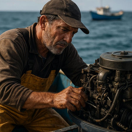 Portrait of an elderly man working on a motor boat in the sea