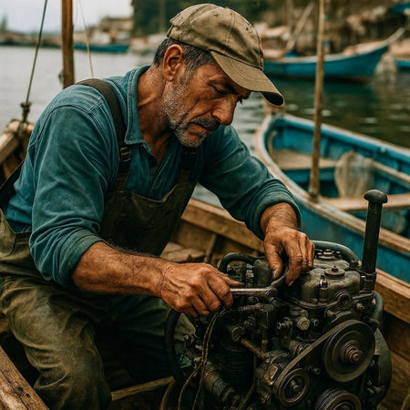 Portrait of a senior man repairing the engine of a boat.