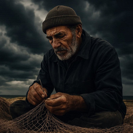 Fisherman with a fishing net on a background of stormy sky