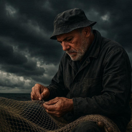 Fisherman with a fishing net on a background of stormy sky