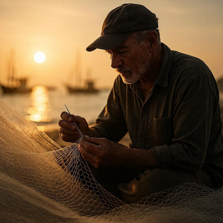 Fisherman sitting on a fishing net and knitting at sunset.