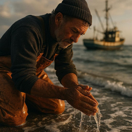 Portrait of a senior man sitting on the seashore and washing his hands