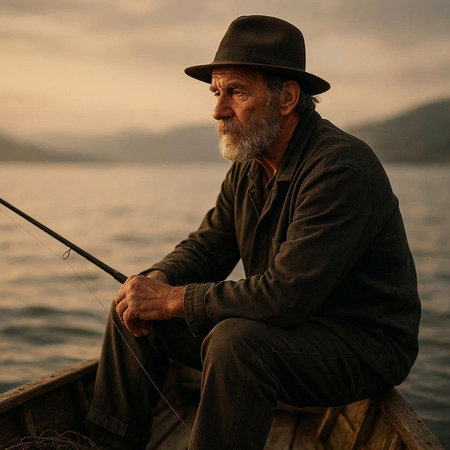 Senior man fishing on a boat in the sea at sunset. Portrait of an old fisherman