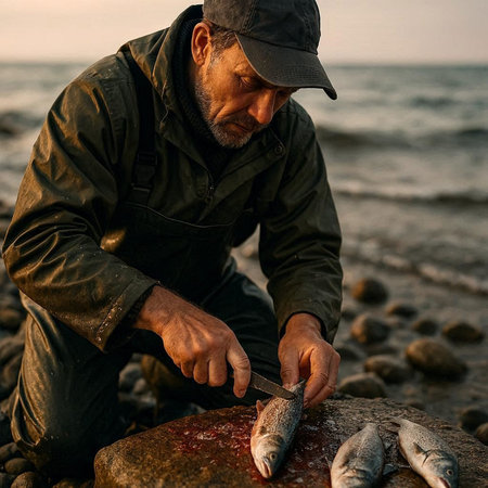 Fisherman with freshly caught fish on the seashore.