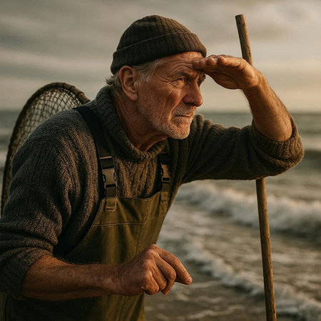 Portrait of an old fisherman with a fishing rod on the beach